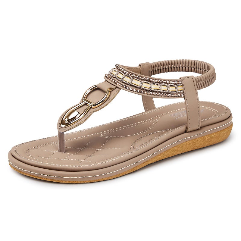 SHIBEVER Dressy Sandals for Women Comfortable: Summer Size 9 Ladies T Strap Flat - Comfort Bohemian Apricot Stylish Women Sandal - Image 1